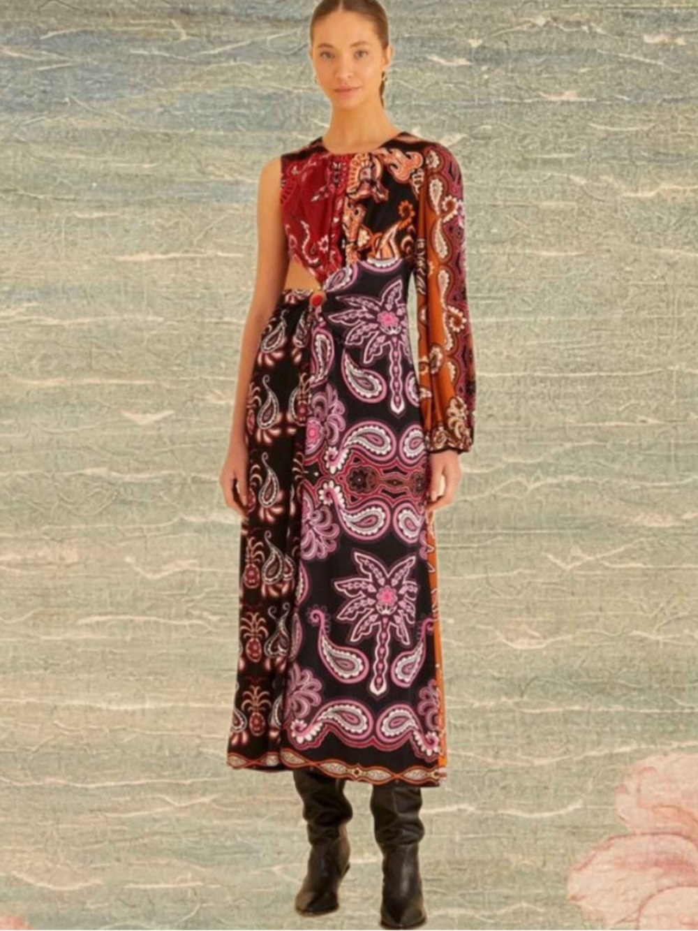 Farm Rio Sweet Mornings Silky Cut-Out One Shoulder Patchwork Maxi Dress Size Sm